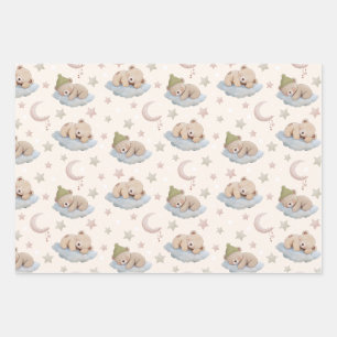 Cute Sleeping Teddy Bear with Stars & Moon Wrapping Paper Sheet