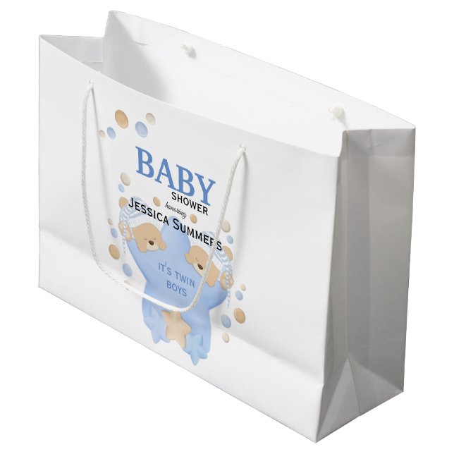 Cute Sleeping Teddy Bears Twin Baby Boys Shower La Large Gift Bag (Front Angled)
