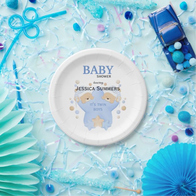Cute Sleeping Teddy Bears Twin Baby Boys Shower Pa Paper Plate (Party)