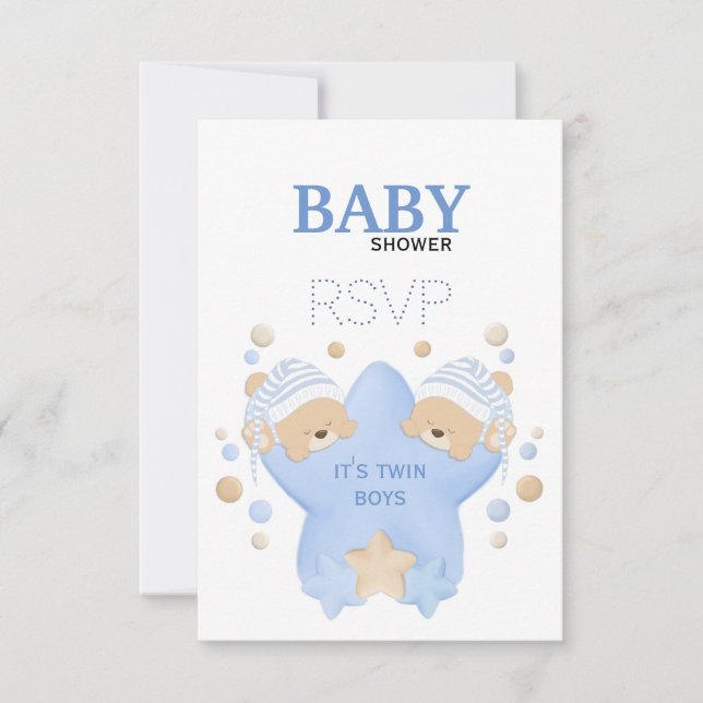 Cute Sleeping Teddy Bears Twin Baby Boys Shower RS RSVP Card (Front)