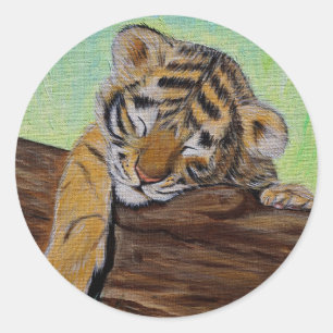 Cute Sleeping Tiger Cub Painting Classic Round Sticker