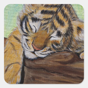 Cute Sleeping Tiger Cub Painting Square Sticker