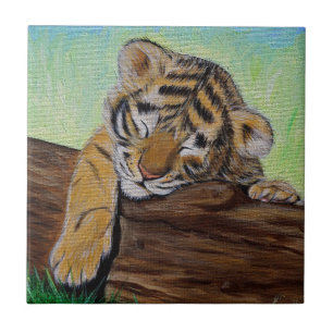 Cute Sleeping Tiger Cub Painting Tile