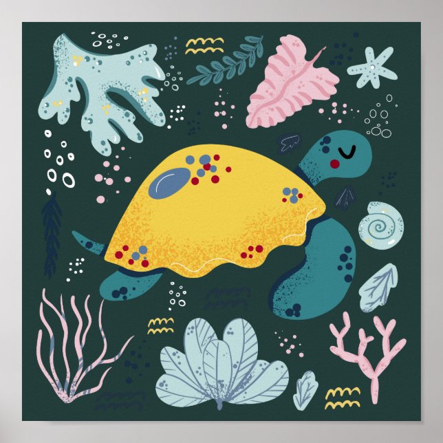 Cute Sleeping Turtle Underwater Doodle Poster (Front)