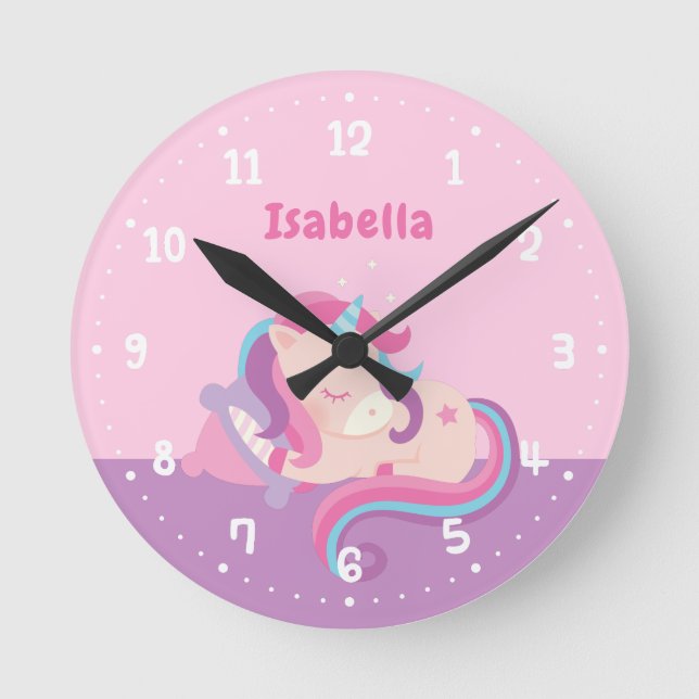 Cute Sleeping Unicorn Baby Girl Nursery Pink Round Clock (Front)