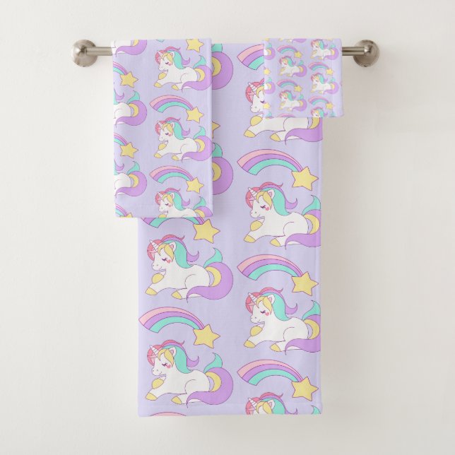 Cute Sleeping Unicorn with Colourful Shooting Star Bath Towel Set (Insitu)