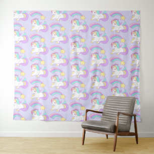 Cute Sleeping Unicorn with Colourful Shooting Star Tapestry