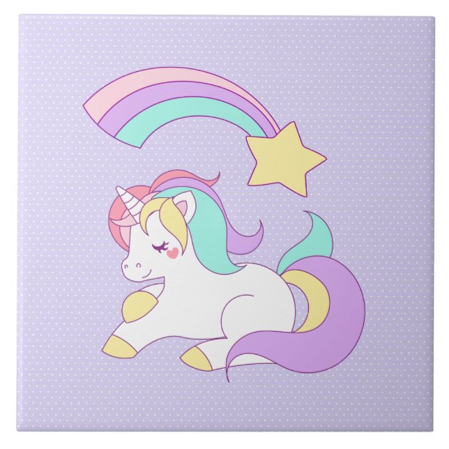 Cute Sleeping Unicorn with Colourful Shooting Star Tile (Front)