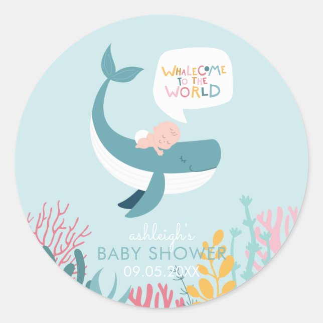 Cute Sleeping Whale Baby Shower Classic Round Sticker (Front)