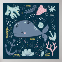 Cute Sleeping Whale Underwater Doodle Poster