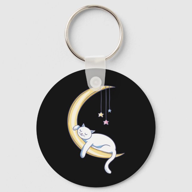 Cute Sleeping White Cat Key Ring (Front)
