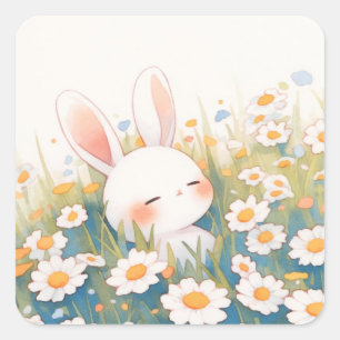 Cute Sleeping White Rabbit in White Daisy Flower Square Sticker