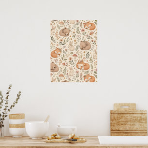 Cute Sleeping Woodland Animals Boho Pattern (Fox, Poster