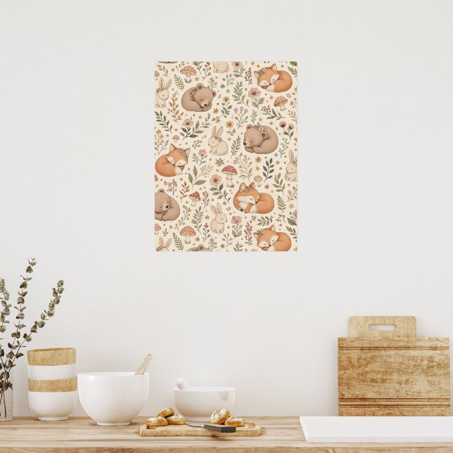 Cute Sleeping Woodland Animals Boho Pattern (Fox,  Poster (Kitchen)