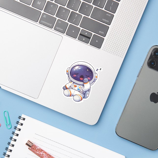 Cute Sleepy Astronaut Sticker Kawaii Space Chibi (Laptop w/ iPhone)