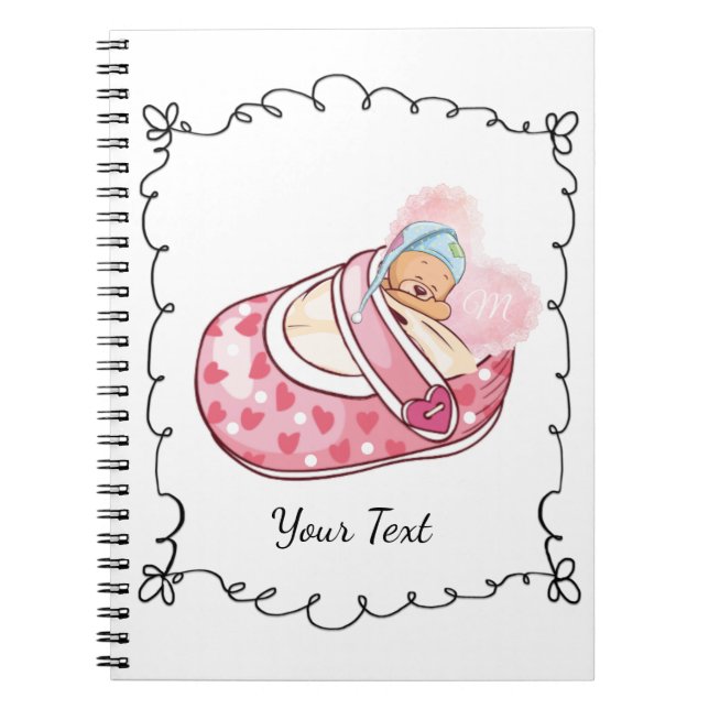 Cute Sleepy Bear Monogram Name Pink Notebook (Front)