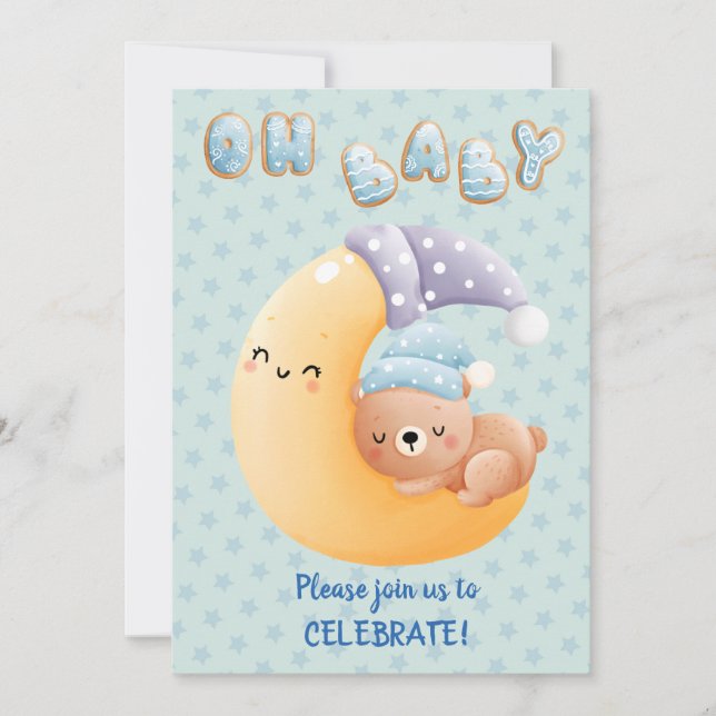 Cute Sleepy Bear on Moon Baby Boy Shower Invitation (Front)