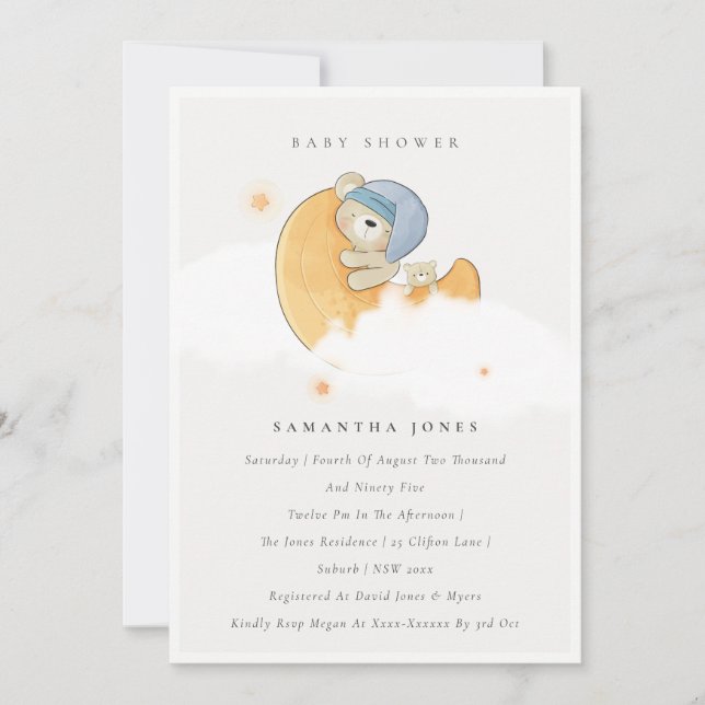 Cute Sleepy Bear Over Moon Boy Baby Shower Invite (Front)