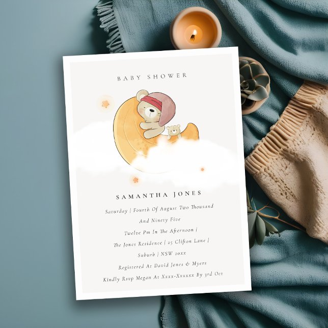 Cute Sleepy Bear Over Moon Girl Baby Shower Invite (Creator Uploaded)