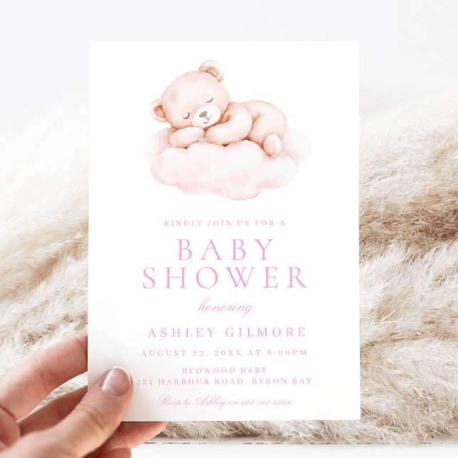 Cute Sleepy Bear Pink Baby Shower  Invitation (Creator Uploaded)