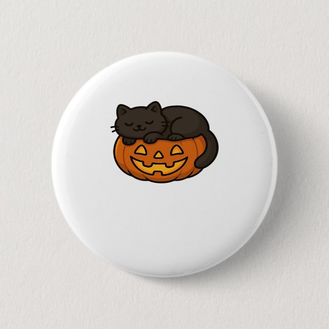 Cute Sleepy Black Cat on a Pumpkin Halloween Essen 6 Cm Round Badge (Front)
