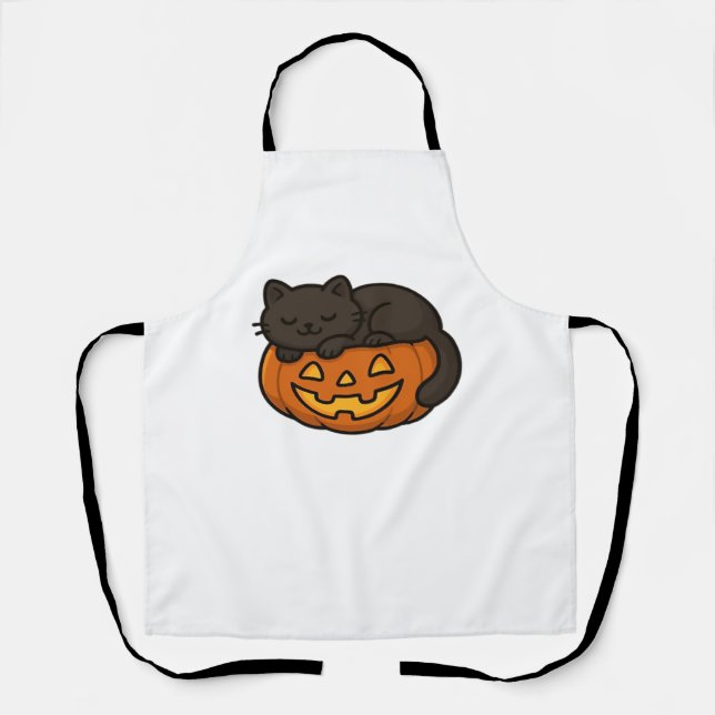 Cute Sleepy Black Cat on a Pumpkin Halloween Essen Apron (Front)