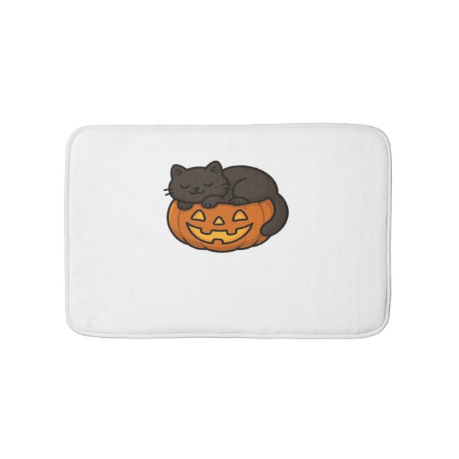 Cute Sleepy Black Cat on a Pumpkin Halloween Essen Bath Mat (Front)