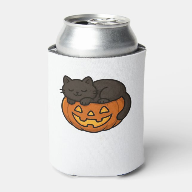 Cute Sleepy Black Cat on a Pumpkin Halloween Essen Can Cooler (Can Front)