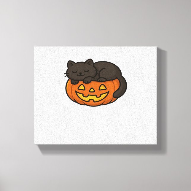 Cute Sleepy Black Cat on a Pumpkin Halloween Essen Canvas Print (Front)