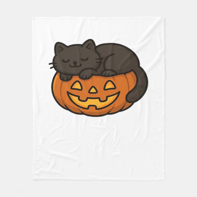 Cute Sleepy Black Cat on a Pumpkin Halloween Essen Fleece Blanket (Front)