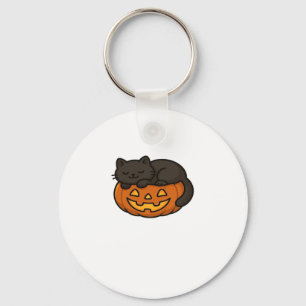 Cute Sleepy Black Cat on a Pumpkin Halloween Essen Key Ring