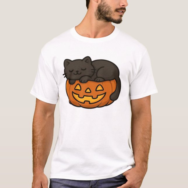 Cute Sleepy Black Cat on a Pumpkin Halloween Essen T-Shirt (Front)