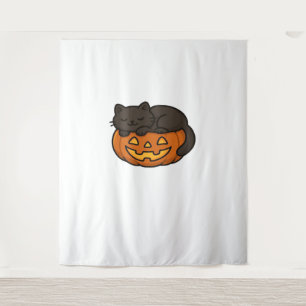 Cute Sleepy Black Cat on a Pumpkin Halloween Essen Tapestry