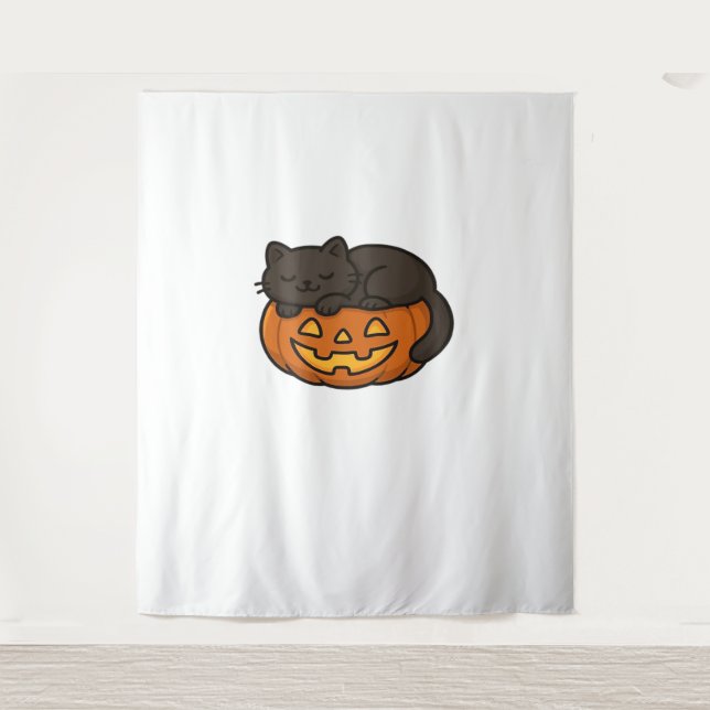 Cute Sleepy Black Cat on a Pumpkin Halloween Essen Tapestry (Front)