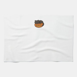 Cute Sleepy Black Cat on a Pumpkin Halloween Essen Tea Towel