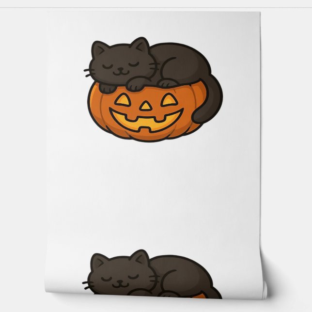 Cute Sleepy Black Cat on a Pumpkin Halloween Essen Wallpaper (Unrolling)