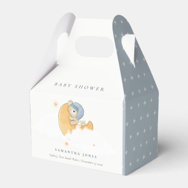 Cute Sleepy Blue Bear Over Moon Boy Baby Shower Favour Box (Front Side)