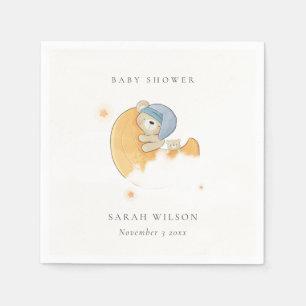 Cute Sleepy Blue Bear Over Moon Boy Baby Shower Napkin