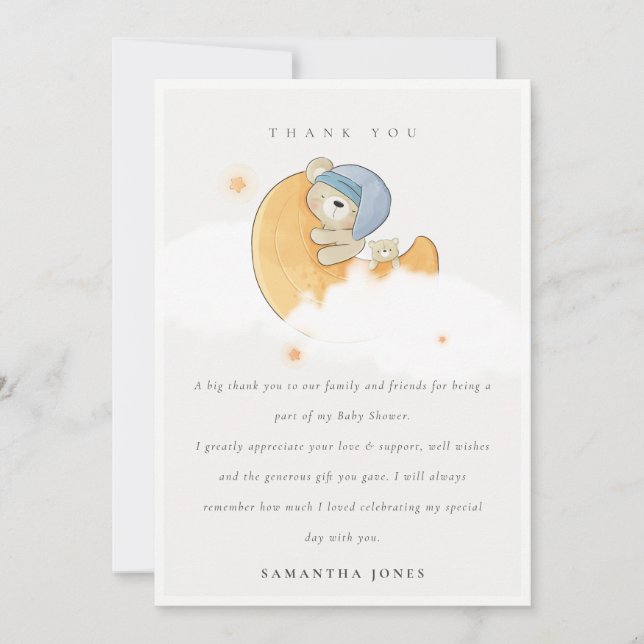 Cute Sleepy Blue Bear Over Moon Boy Baby Shower Thank You Card (Front)