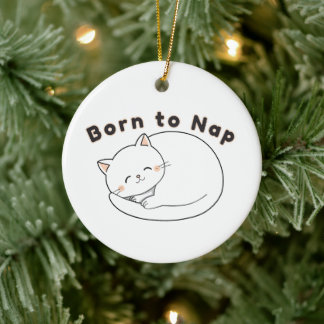Cute Sleepy Cat “Born to Nap” Line Art Design Ceramic Tree Decoration