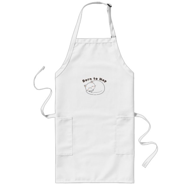 Cute Sleepy Cat “Born to Nap” Line Art Design Long Apron (Front)