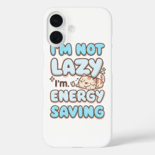 Cute Sleepy Cat "Energy Saving" Quote iPhone 16 Case