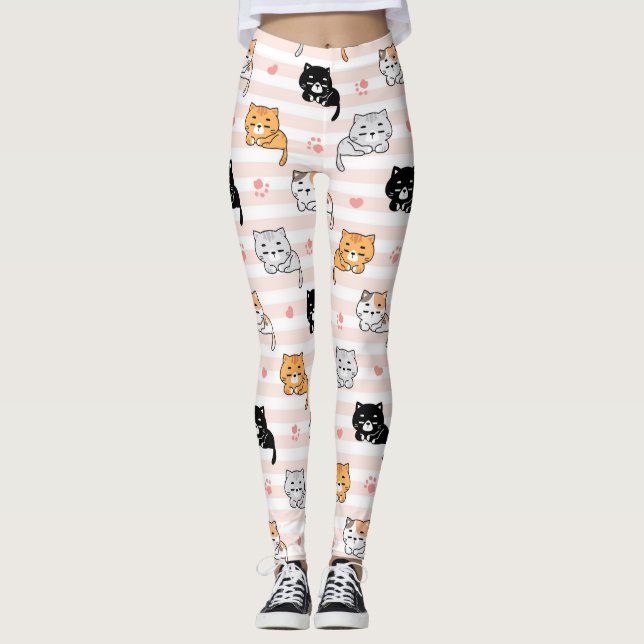 Cute Sleepy Cat & Paws, Men Women & Kids, Cat Fan Leggings (Front)