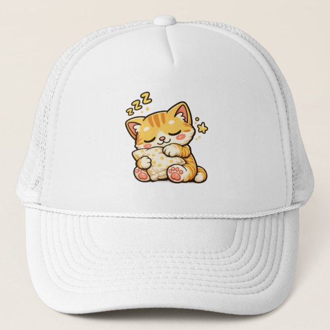 Cute Sleepy Cat Pillow Trucker Hat (Front)