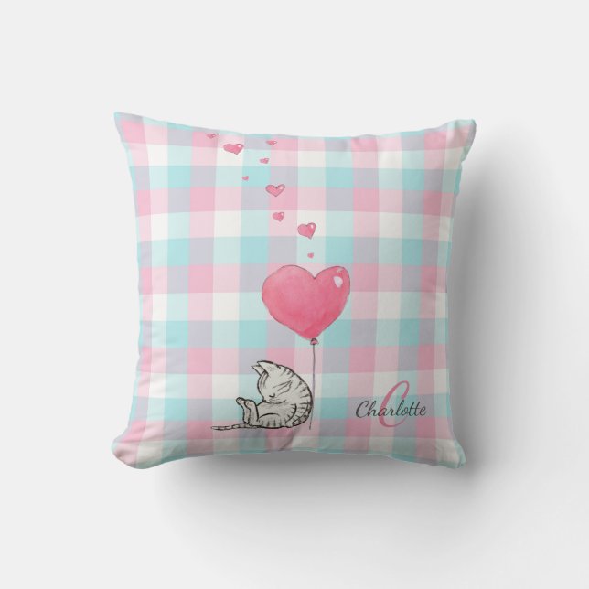 Cute Sleepy Cat Pink Blue Monogram  Cushion (Front)