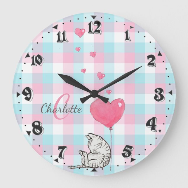 Cute Sleepy Cat Pink Blue Monogram Large Clock (Front)