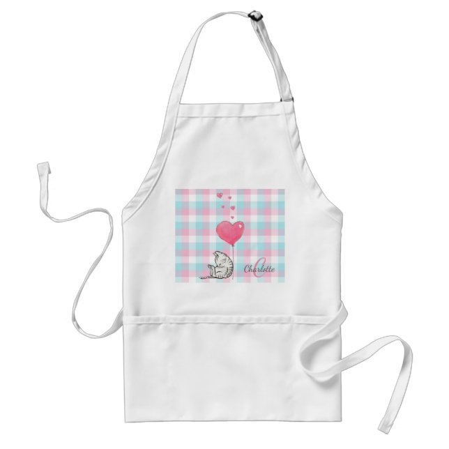 Cute Sleepy Cat Pink Blue Monogram Standard Apron (Front)