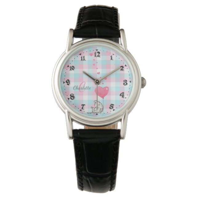 Cute Sleepy  Cat Pink Blue Monogram Watch (Front)
