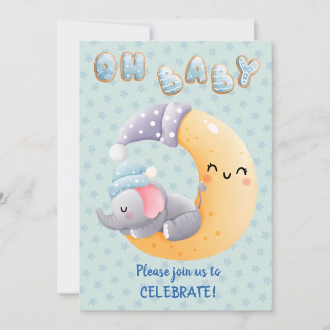 Cute Sleepy Elephant on Moon Baby Boy Shower Invitation (Front)