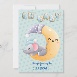Cute Sleepy Elephant on Moon Baby Boy Shower Invitation
